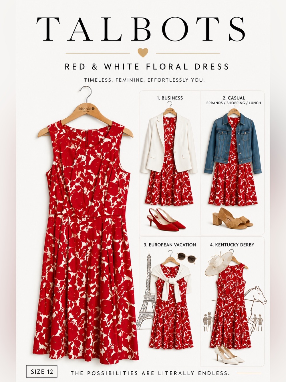 Talbots Red and White Sleeveless Floral Fit  & Flare Midi Dress w/Pockets Sz 12